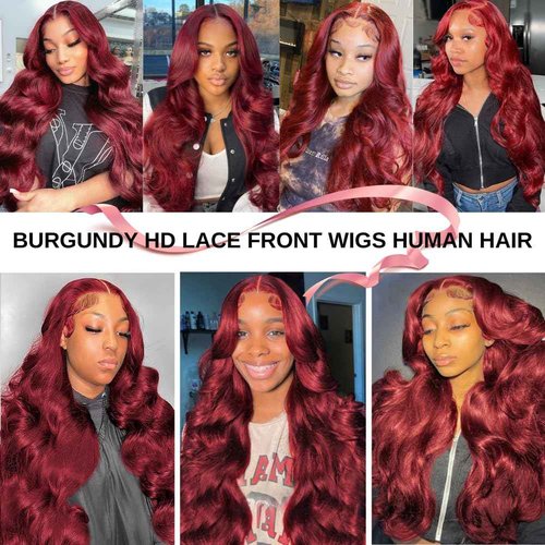 AOSUN 99j Burgundy Lace Front Wigs Human Hair Glueless Wine Red Colored Body Wave Wigs Pre Plucked with Baby Hair 180 Density 13x4 HD Transparent Frontal Wig for Women
