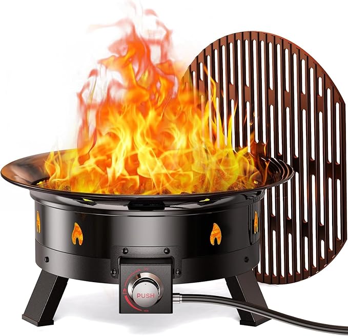 Ciays Large Propane Fire Pit 24 Inch, Gas Fire Pit with Grill Grate, Folding Legs, Hose Hooks, Propane Tank Holder, Cover...