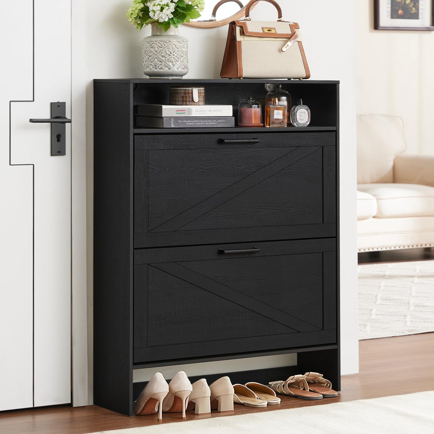 RWYHG Shoe Storage Cabinet with 2 Flip Drawers,Farmhouse Narrow Shoe Organizer with Legs,Freestanding Hidden Slim Shoe Rack Cabinet with Open Storage for Entryway,Hallway, Foyer, Black