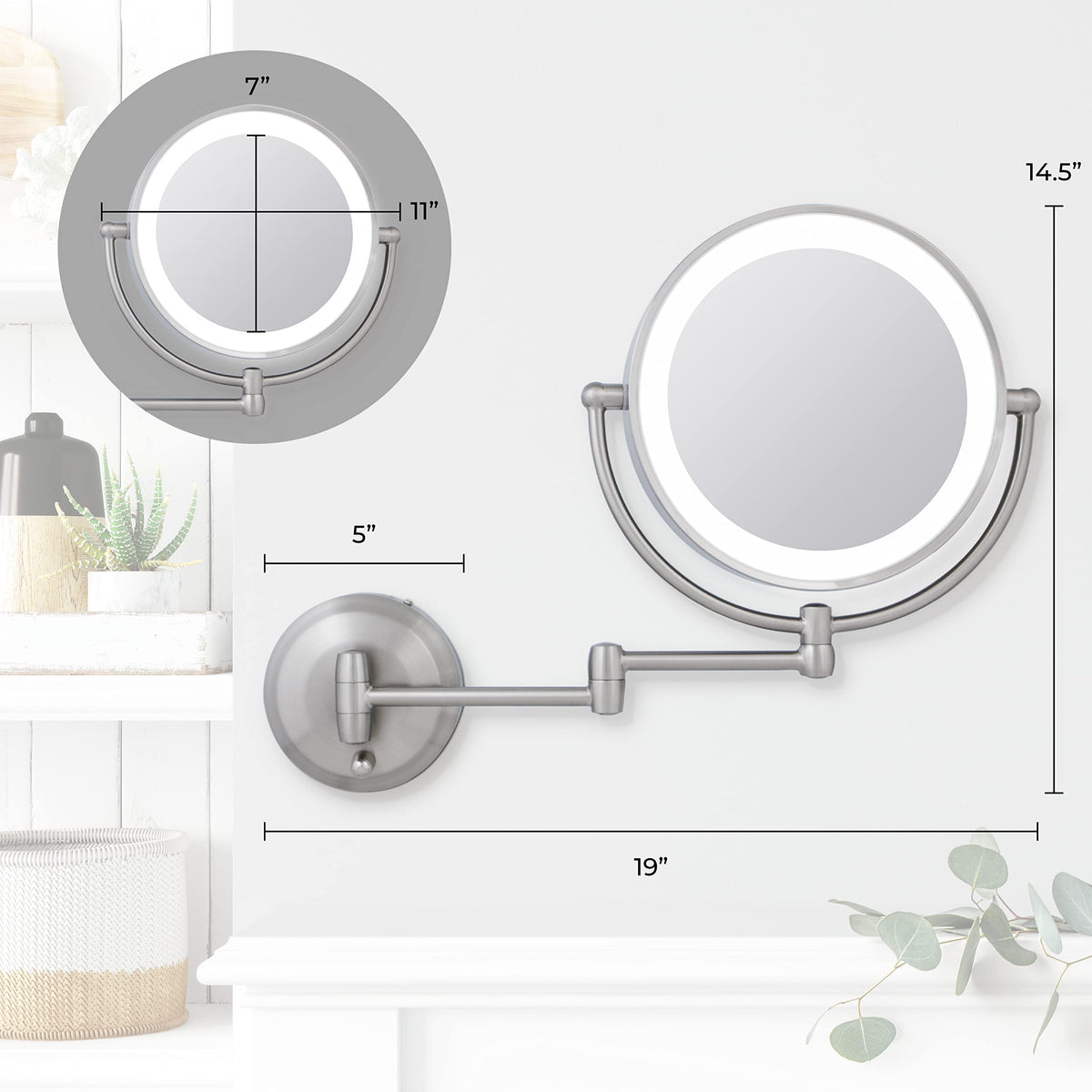 Zadro 11 LED Wall Mounted Makeup Mirror 5X/1X Shaving Mirror Plug in or Battery Operated Vanity Mirrors for Wall (Large | 5X/1X