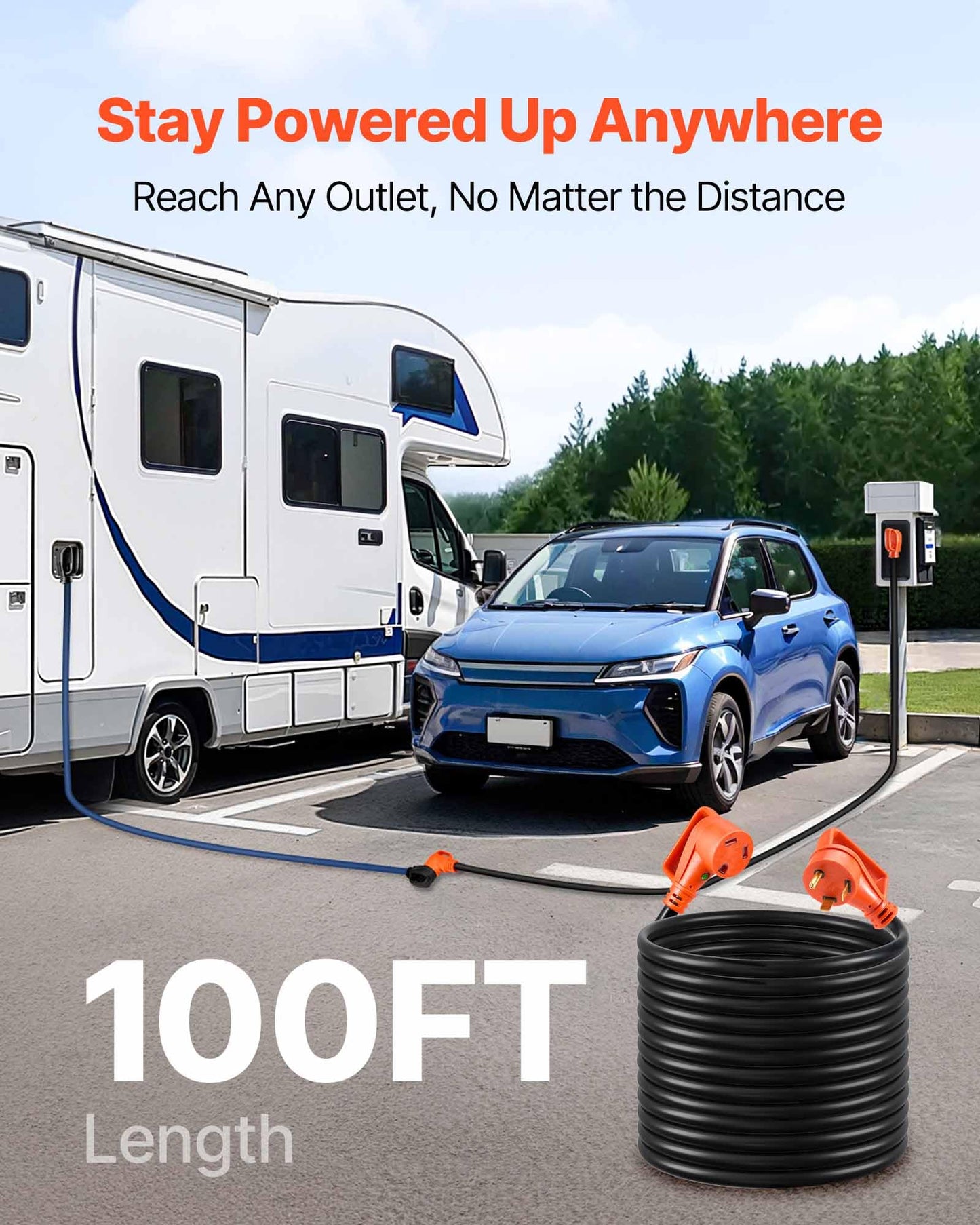 Vevor 100 Ft Rv Extension Cord, 30 Amp, 125V 2500W Heavy Duty Stw 10/3 Gauge Wire, Nema Tt-30P Male Nema Tt-30R Female Plug, Wit