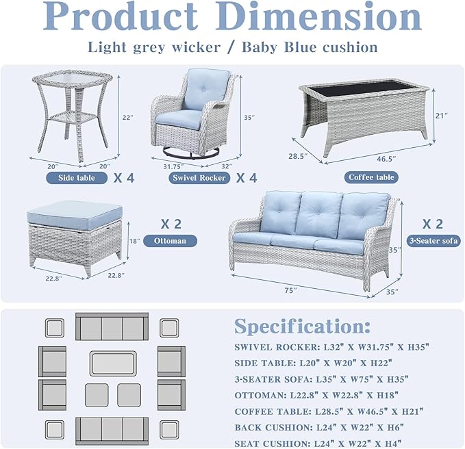 Belord Wicker Patio Furniture Sets - 13 Piece Outdoor Rattan Furniture Conversation Sets with 4 Swivel Rocker Chairs, 2 Rattan Sofas, Wicker Ottomans and Coffee Table, Light Grey/Baby Blue