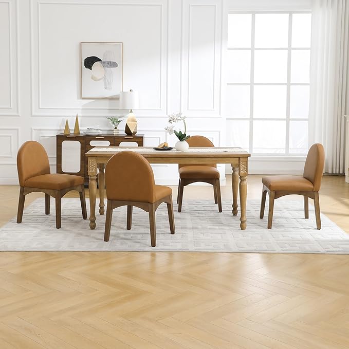 DUOMAY Modern Dining Chairs Set of 4, Mid Century Faux Leather Dining Room Chairs Upholstered Kitchen Chairs with Solid Rubberwood Legs, Armless Accent Side Chairs, Brown