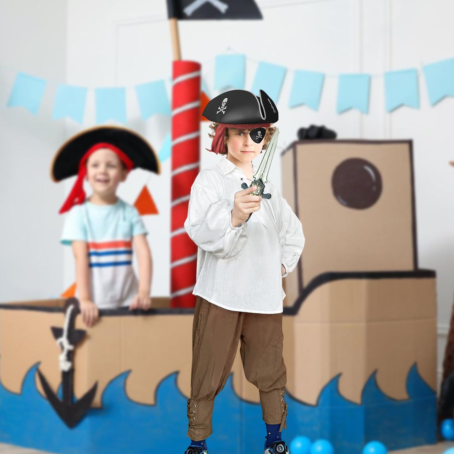 Prebene Boys Medieval Pirate Set Shirt & Ankle Pants Kids Renaissance Halloween Costume Scottish Jacobite Tops and Trousers (White+Brown, 10-12T)
