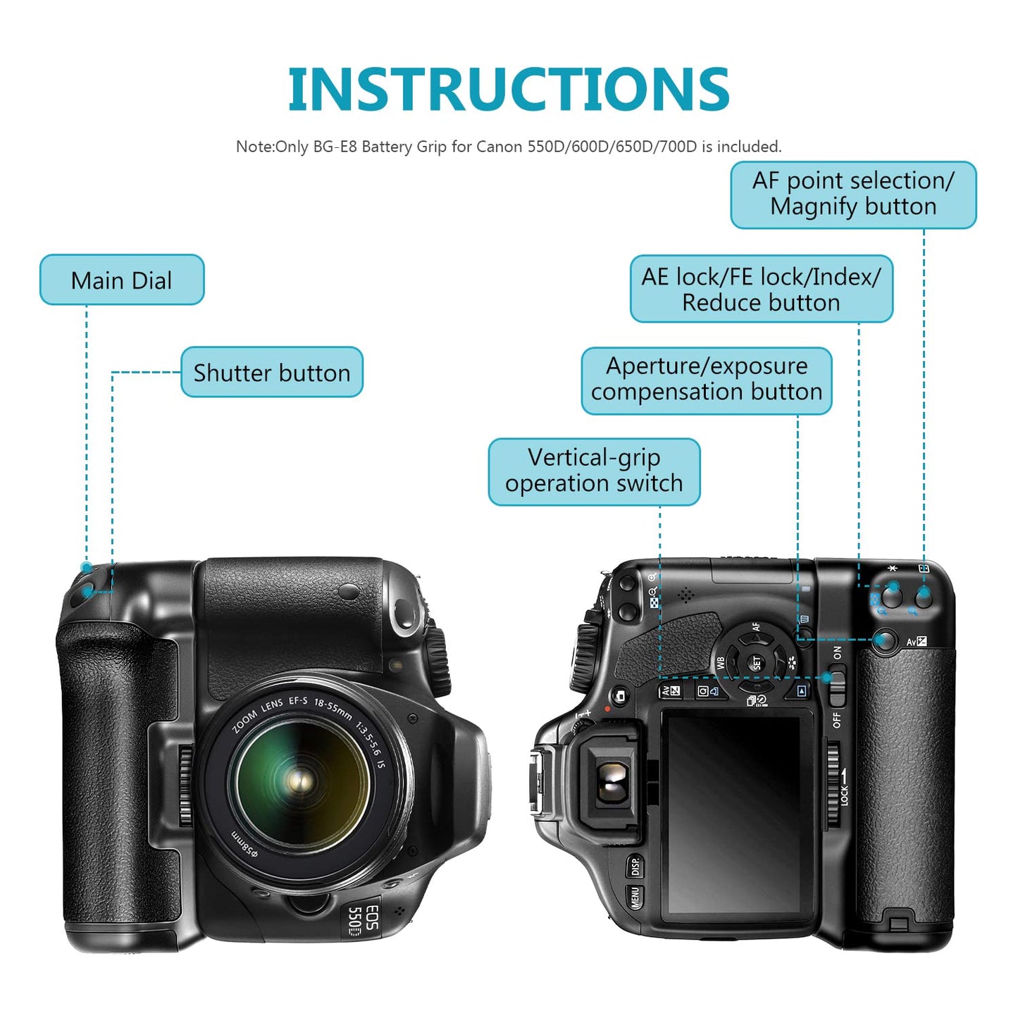 Neewer Bg-E8 Replacement Battery Grip For Canon Eos 550D 600D 650D 700D/ Rebel T2I T3I T4I T5I Slr Cameras