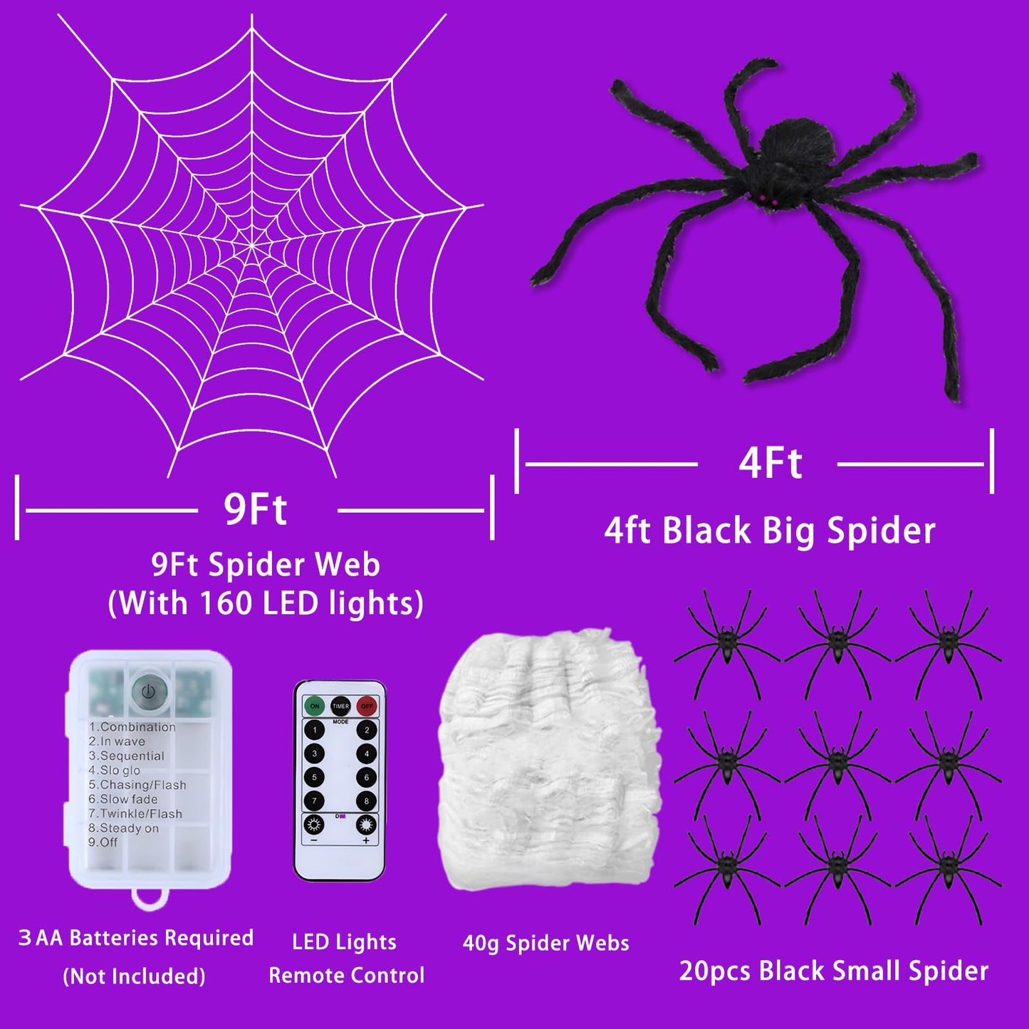 Halloween Decorations, 9FT Diameter Spider Web Lights with Black 4FT Spider, 160 LED Waterproof Net Lights, Remote Control, 8 Modes Cobweb for Yard House Garden Outdoor Indoor Party Haunted Decor