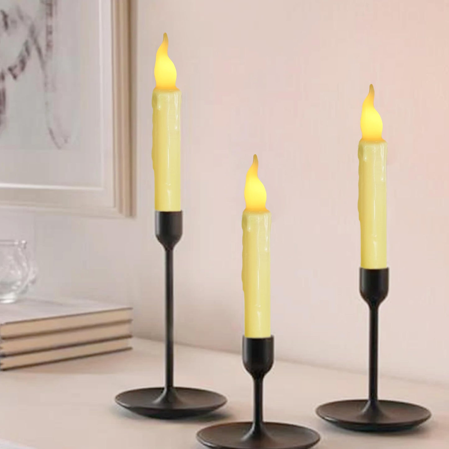 FCMSHAMD Yellow Flameless Short Taper Candles, Real Wax Hand Dipped LED Battery Operated with Remote, Flickering Flame Lights for Festival Home Décor, 6.7 Inch Primitive Flameless Candles, 4PCS