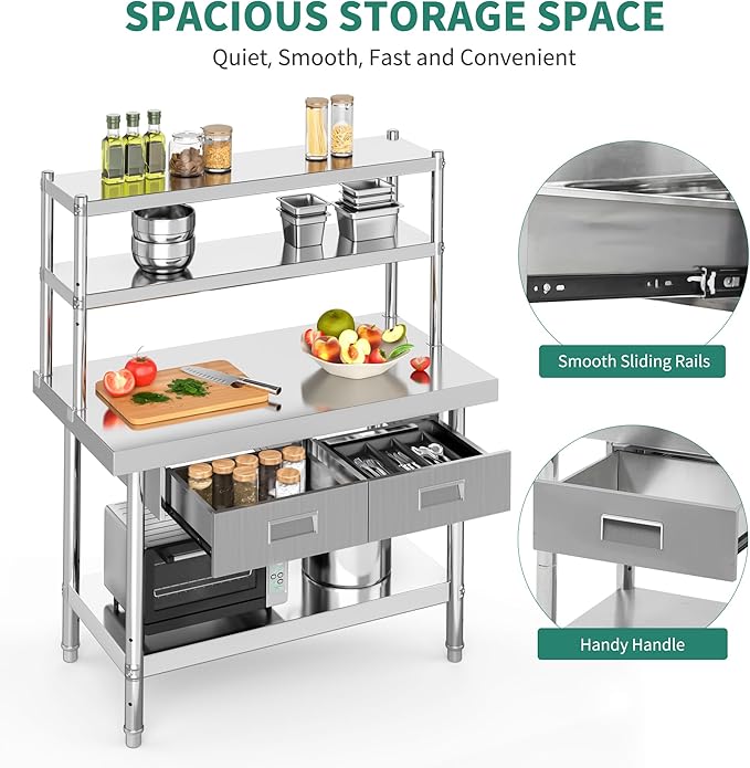 YITAHOME 48" × 24" Stainless Steel Table with Overshelves and 2 Drawers, NSF Worktable with 48" X 12" Shelf & 2 Drawers, Metal Prep Workstation for Home Kitchen Restaurant Garage Warehouse