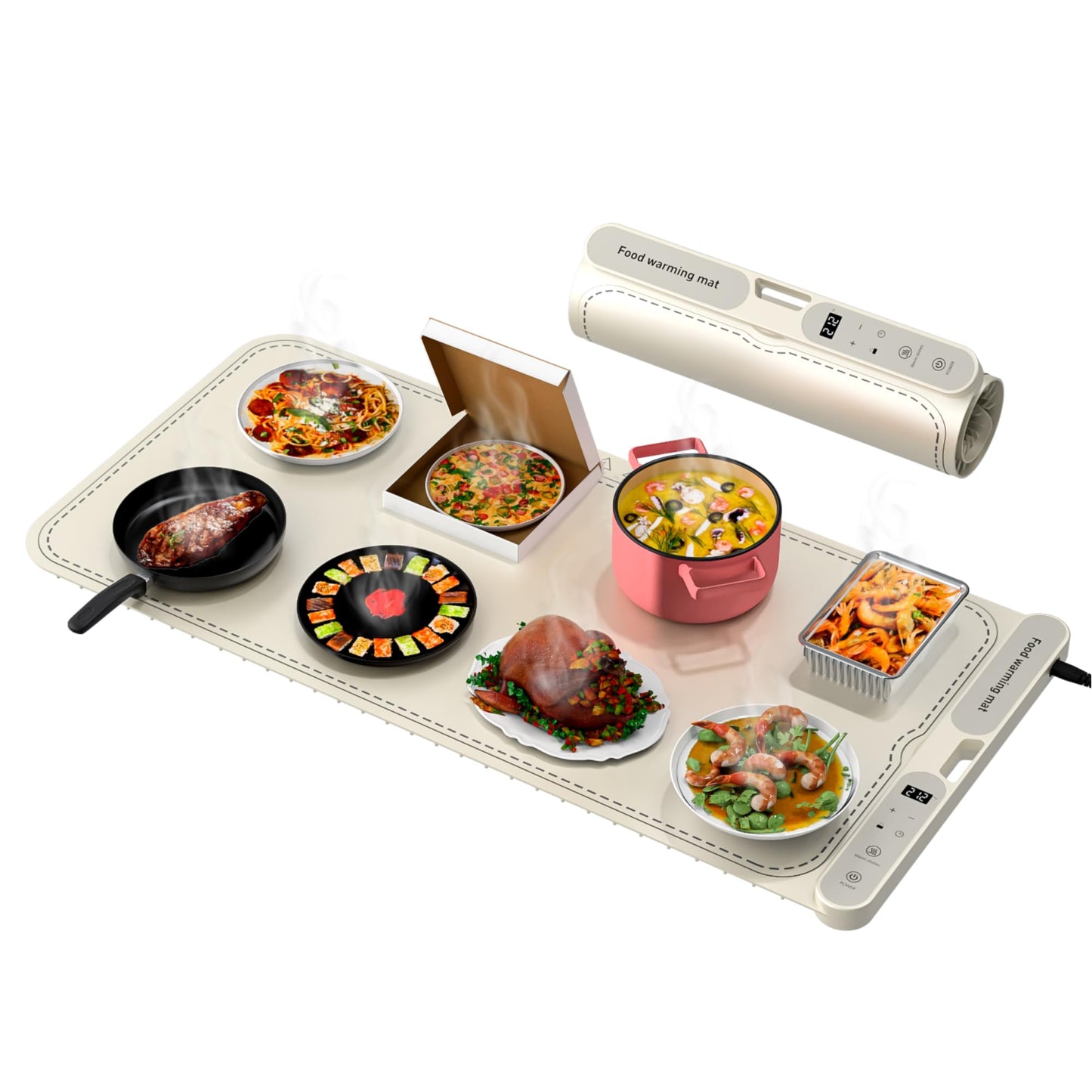 Electric Warming Tray&Food Warming MatFast Full Surface Electric Warming Tray with 7 Temp-Settings & 8H Timer, Portable Roll Up Food Warmer for Gatherings Parties Buffet -Oversized (Beige, 32''X15'')