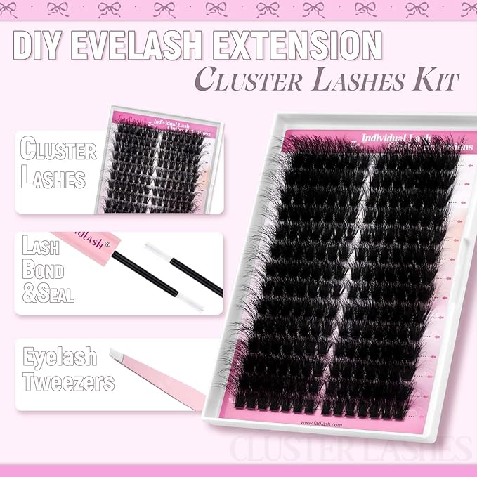 FADLASH Lash Extension Kit Cat Eye Lash Cluster Kit DIY Eyelash Extension Kit with Lash Bond and Seal Lash Tweezers Natural Cluster Eyelash Extensions Kit Individual Lashes (KIT, 100D-07D-12-20mm)