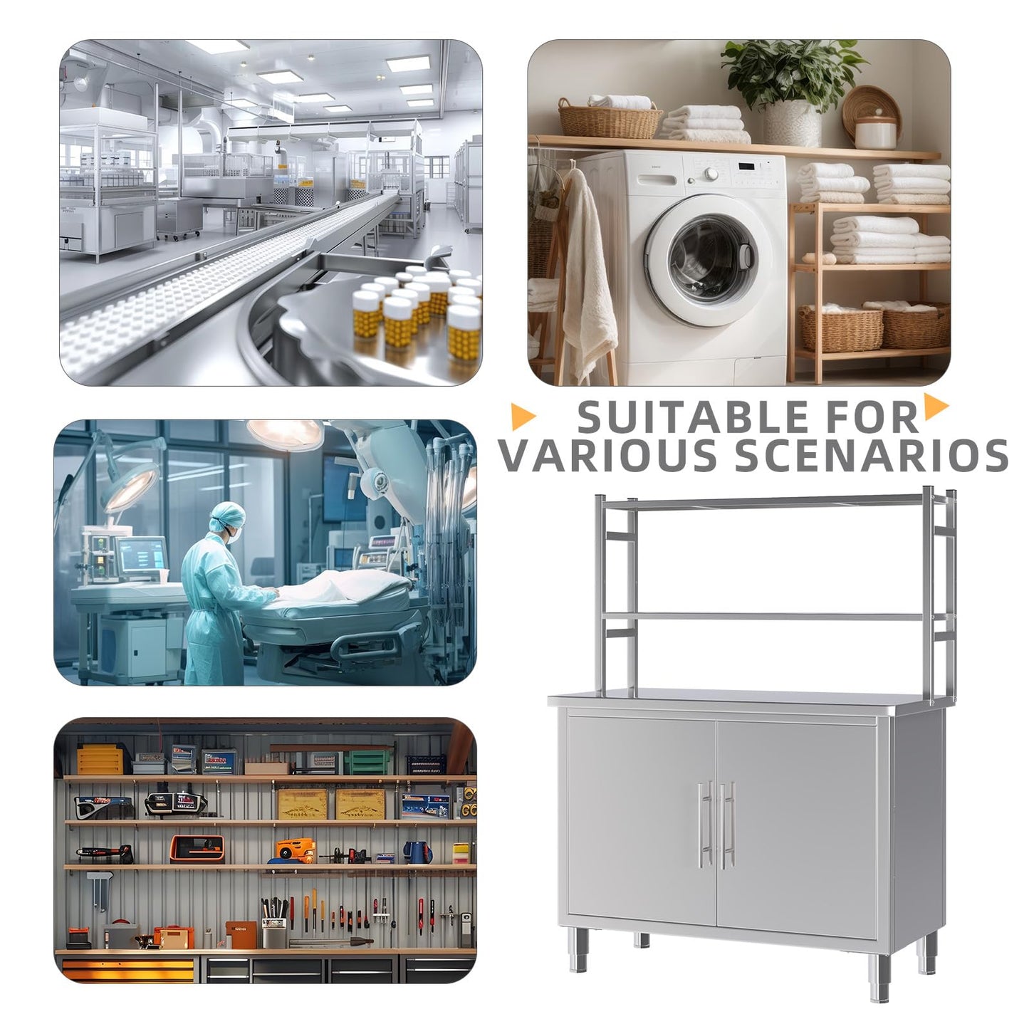 JFHID Stainless Steel Table with Cabinet 40"x20" Prep Worktable for Commercial Kitchen Steel Countertop with Adjustable Tier & Cabinet Shelf Work Table Workbench for Home Restaurant