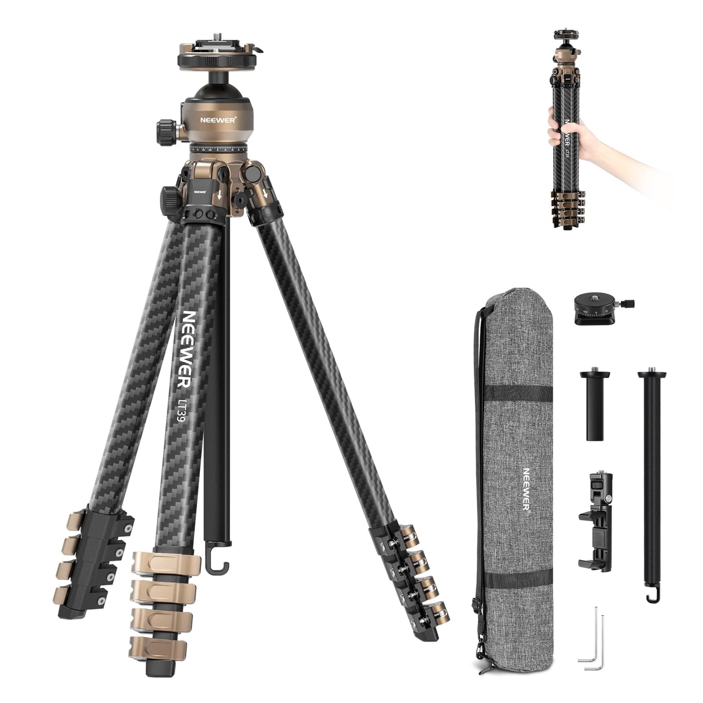 NEEWER LITETRIP Carbon Fiber Travel Tripod with Pan Tilt Low Profile Ball Head,62.4" DSLR Camera Phone Holder Stand Compatible with PD V3 Plates iPhone, 2 Center Columns,Max Load 22 lb, LT39