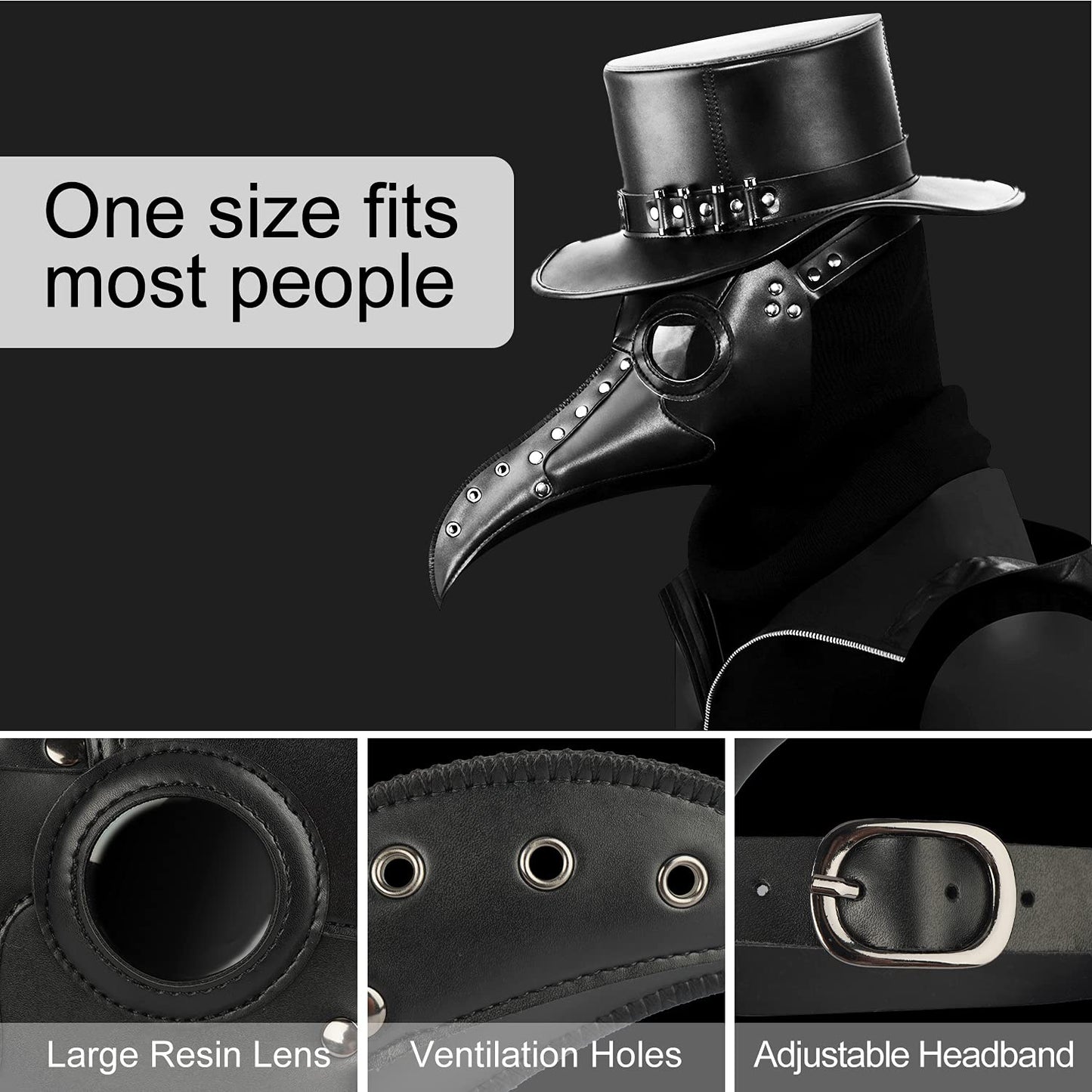 Black Leather Plague Doctor Mask Long Nose Bird Beak Plague Mask Steampunk Halloween Costumes Props Mask for Adult