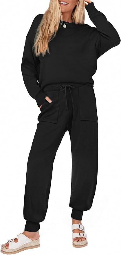 Ekouaer Women's 2 Piece Lounge Set Long Sleeve Knit Pajamas Sweatsuit Jogger Pant Outfits With Pockets S-XXL