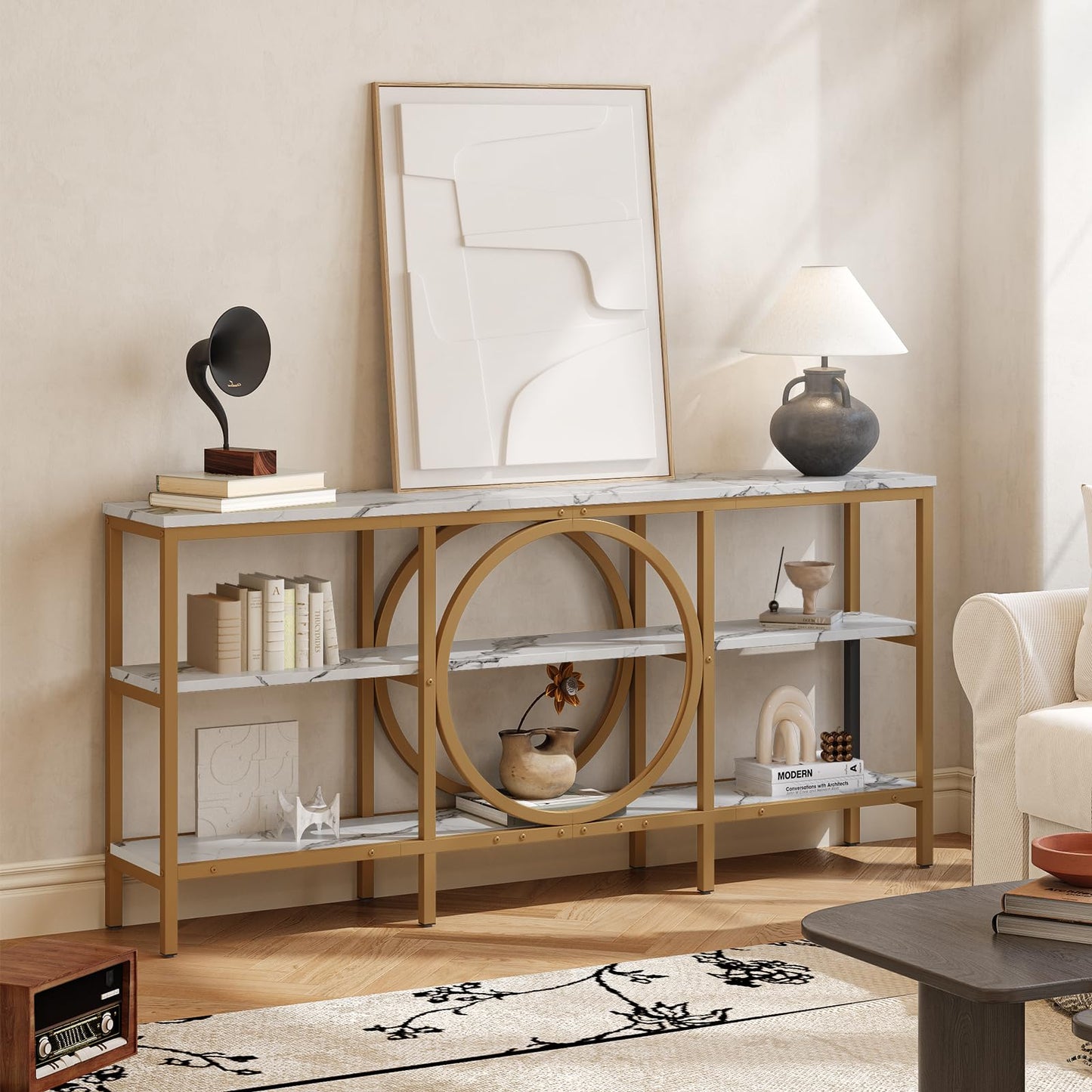 Tarnorci Modern Console Table, 3-Tier Entryway Table with Storage Shelf, 66.9‘’ White Wood Living Room Furniture Bright Decor, Hallway Table for Behind Couch (White+Champagne Gold)