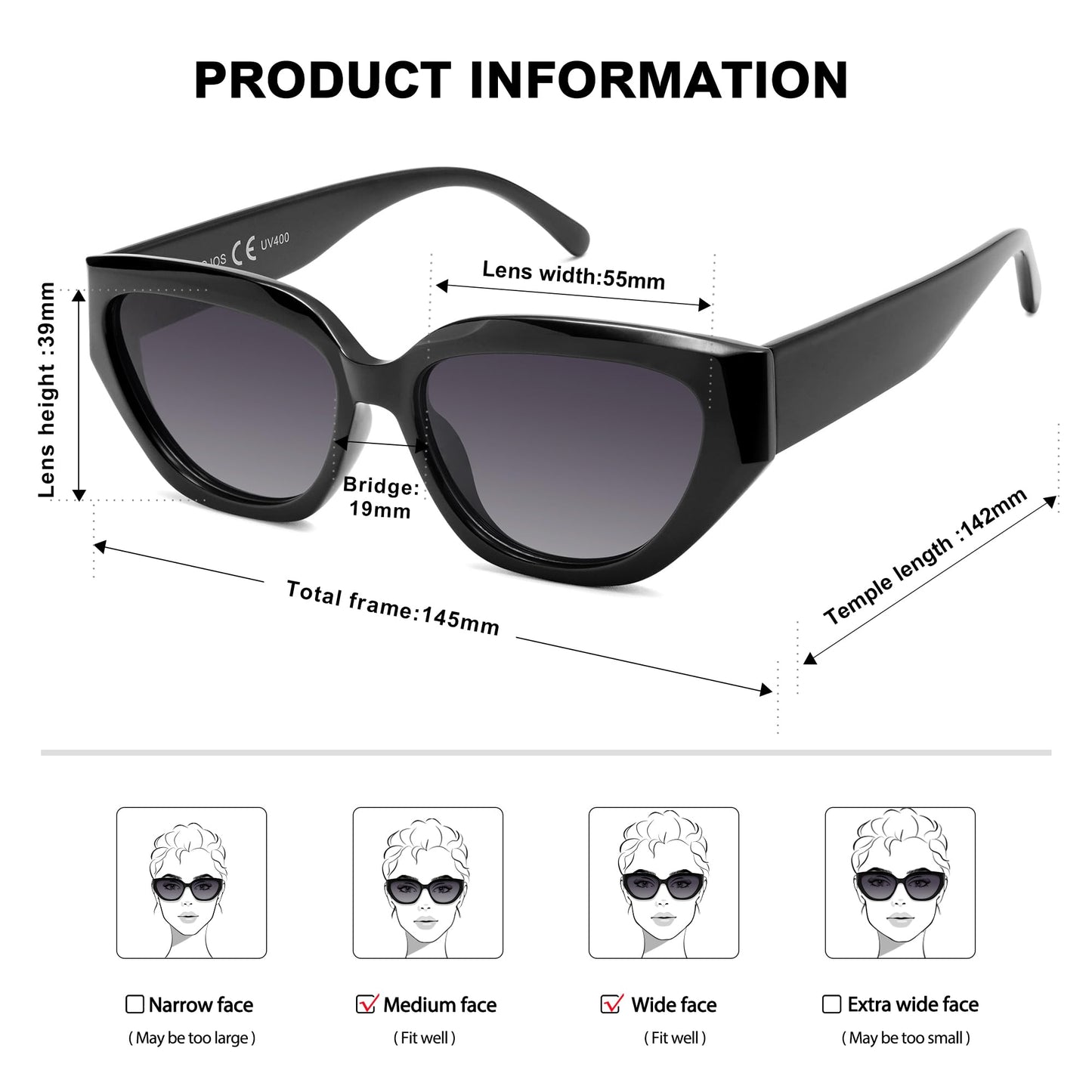 SOJOS Trendy Cute Cat Eye Polarized Sunglasses for Women Fashion Cateye Womens Sunnies SJ2237, Black Frame Grey Grading Lens