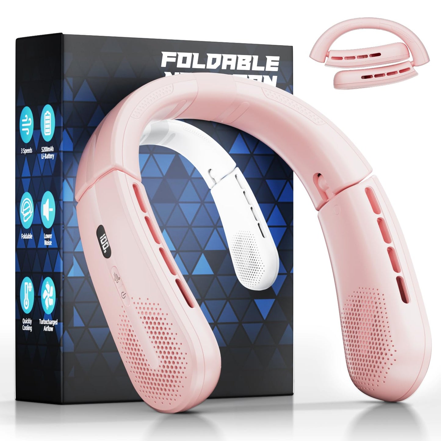 ChillGo Portable Neck Fan - 8400 RPM Enlarged Turbo Airflow - 5200mAh Personal Rechargeable Cooling Wearable Fan - Max 16H, 4 Sp