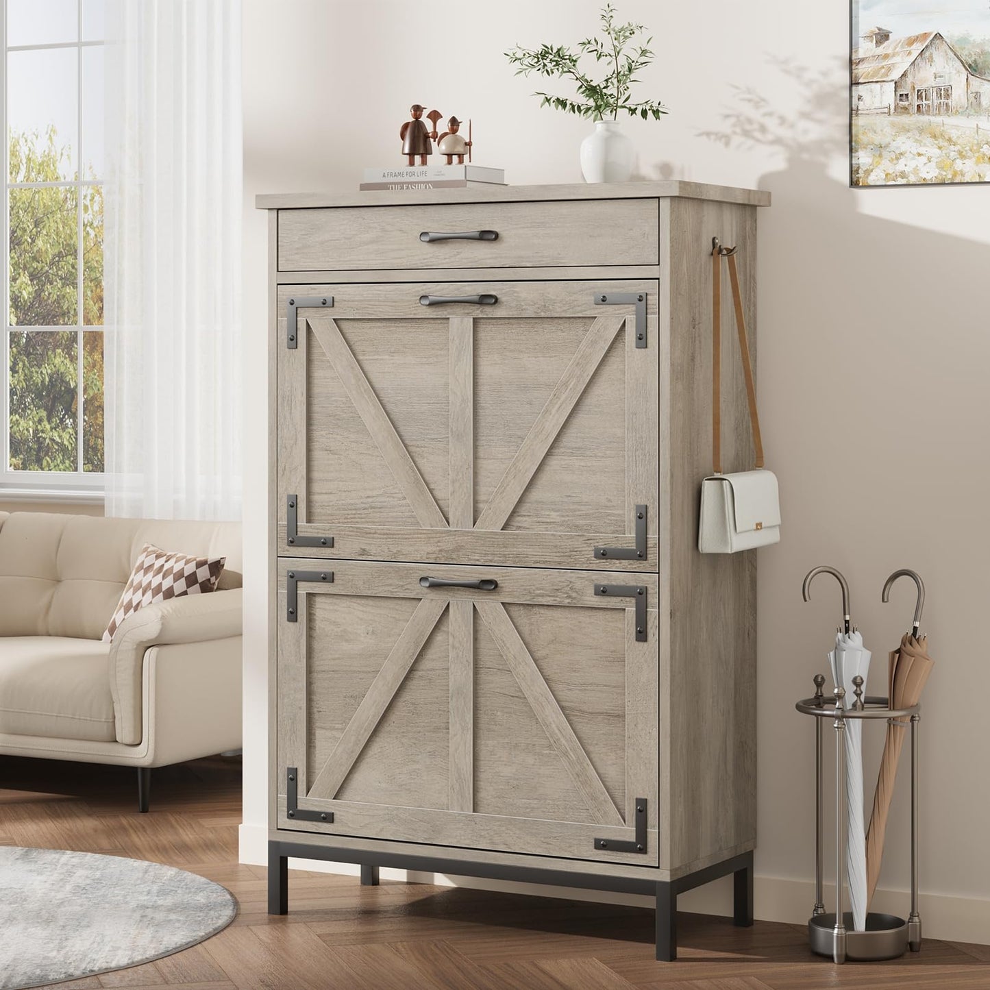 Jocoevol Shoe Storage Cabinet with 2 Flip Drawers, Narrow Shoe Cabinet for Entryway with 1 Top Drawer, Freestanding Hidden Shoe Rack Cabinet with Metal Legs for Foyer, Hallway (Grey)