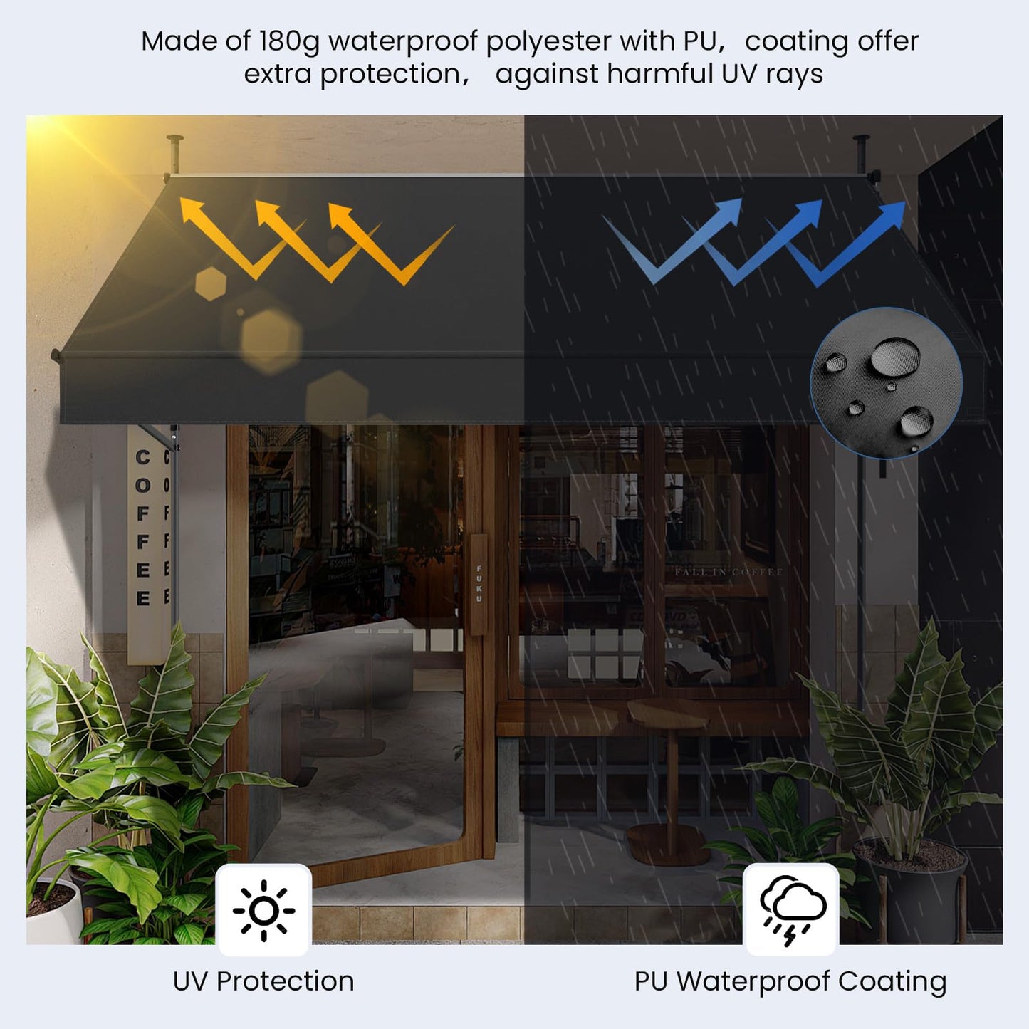 Grandekor Manual Retractable Awning,79"W x 118"H,No Drilling Outdoor Sun Shade Patio Awning,Adjustable Patio Door Window with UV 50+ Protection for Backyard,Garden,Balcony,Max Height 118",Carbon gray
