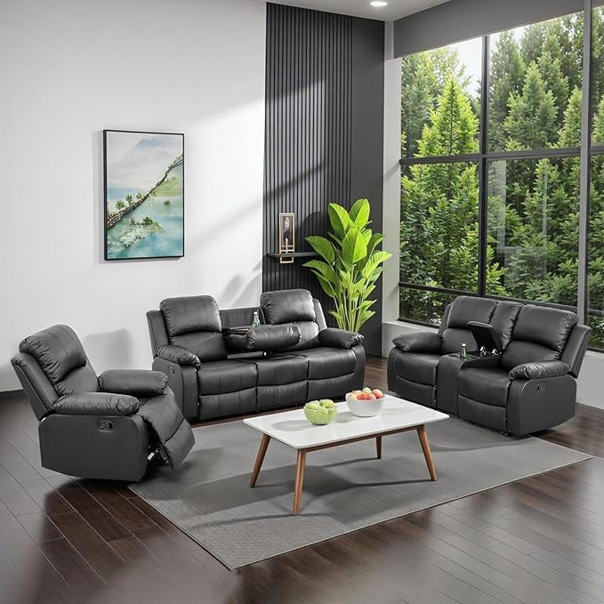 JBXBER Manual Recliner Sofa Set for Living Room, Leather Reclining Sofa Sets, Faux Leather Couch Set with Cup Holders, Drop-Down Table and Storage Console(3 Piece Set,Black)