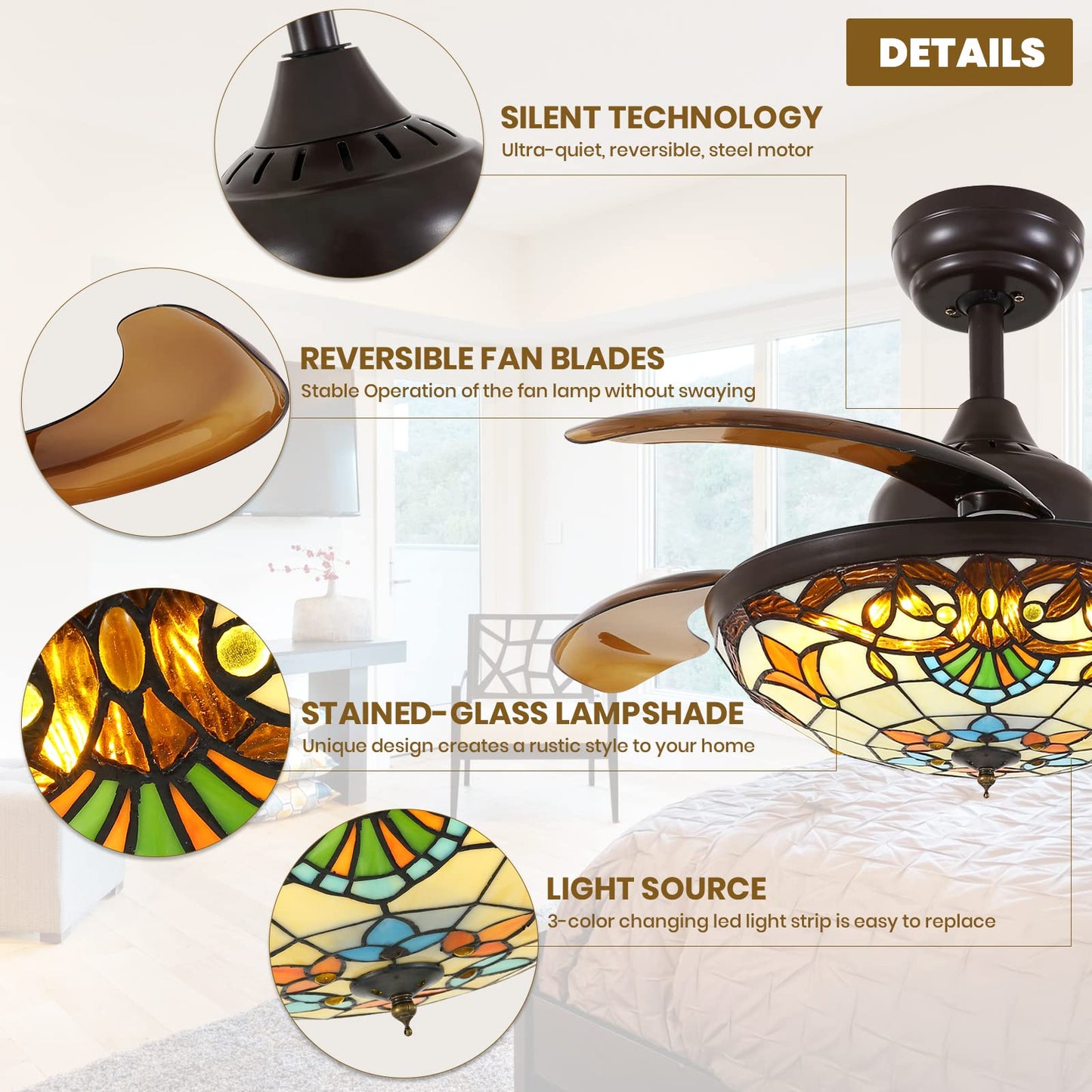 Siljoy 42 Tiffany Ceiling Fan Stained Glass Ceiling Fan Retractable Chandelier Ceiling Fans With Light Remote Control Dimmable W