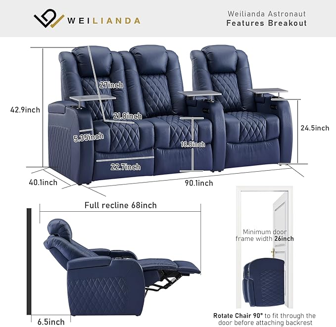Weilianda Home Theater Seating Top Grain Leather Zero Gravity Recliner Chair Power Headrest Recline Movie Seat Gaming 7 Colors Mood Light Sofa with Tray Table USB Charge Row of 3 Loveseat Left Blue