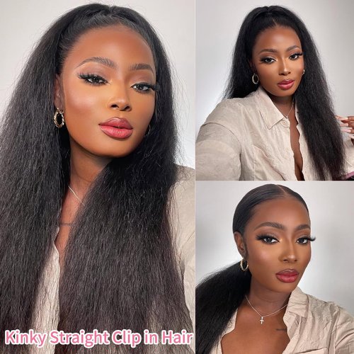 24 inch Kinky Straight Clip in Hair Extensions Real Human Hair Clip ins Yaki Full Head for Women Brazilian Human Hair Natural Black Color 8pcs 20 Clips 110g
