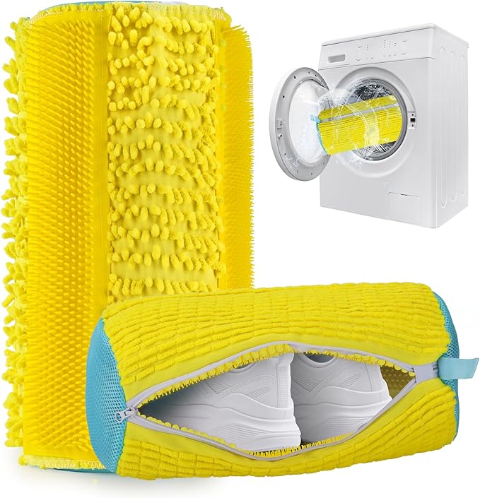 2Pcs Shoe Washing Machine Bag,Deep Clean Reusable Shoe Cleaning Bags,Laundry Shoe Bag for Washer and Dryer Includes 2 Storage Dust Bags for Shoes,Gym,Tennis,Sports 2 Sneaker Washing Machine Bag Yellow