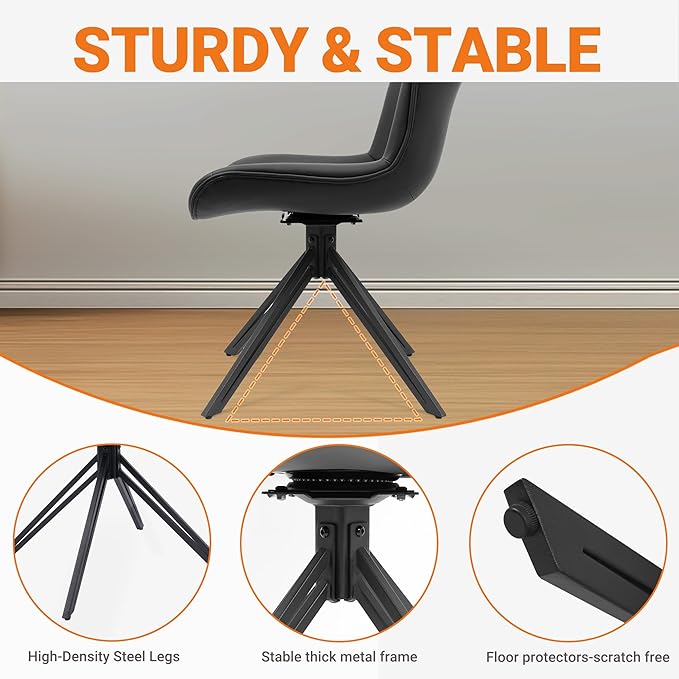 VATROS Dining Chairs Set of 6, 360° Swivel Upholstered Mid-Century Modern Kitchen Dining Room Chairs, Armless Faux Leather Accent Side Chair with Padded Back, Metal Legs for Living Room,Black