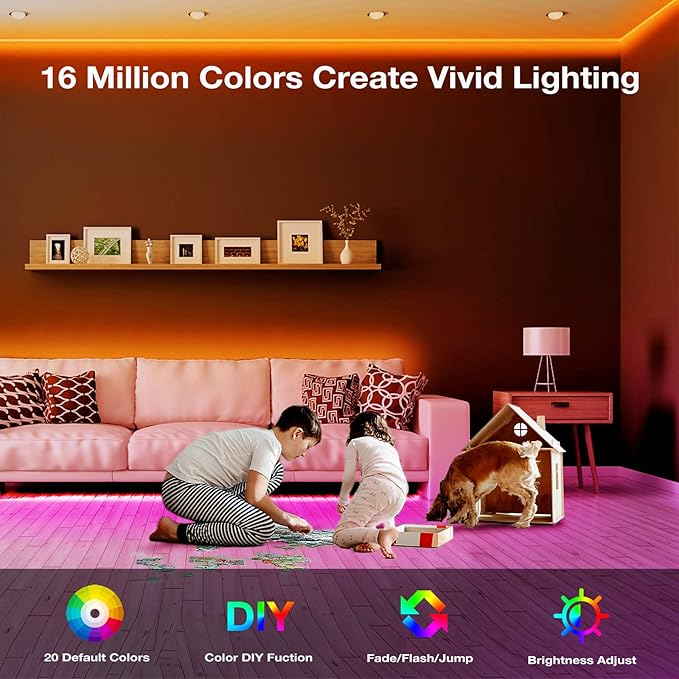 VOLIVO 50 FT RGB Led Strip Lights,Color Changing Led Light Strips Kit with 44 Keys IR Remote Control, Led Lights for Bedroom, Room, Home Decoration