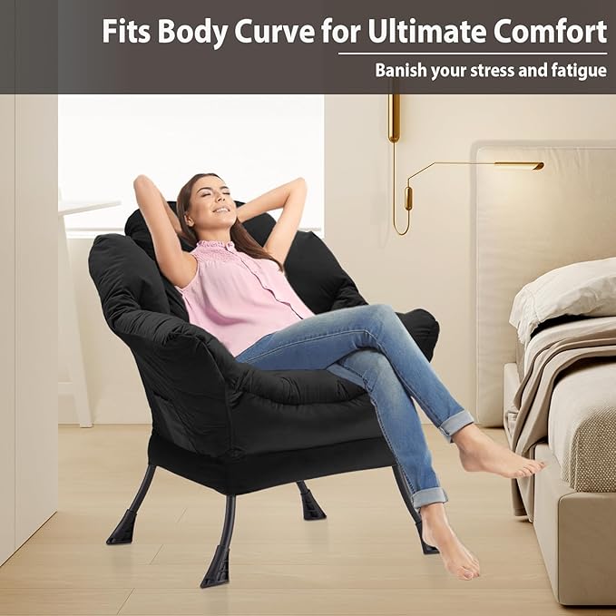 Youtanic Lazy Chair Thick Padded, Comfy Velvet Accent Lounge Chair with Stable Frame, Leisure Sofa Armchair with Armrests and Side Pocket, Reading Chair for Bedroom, Living Room, Office, Black
