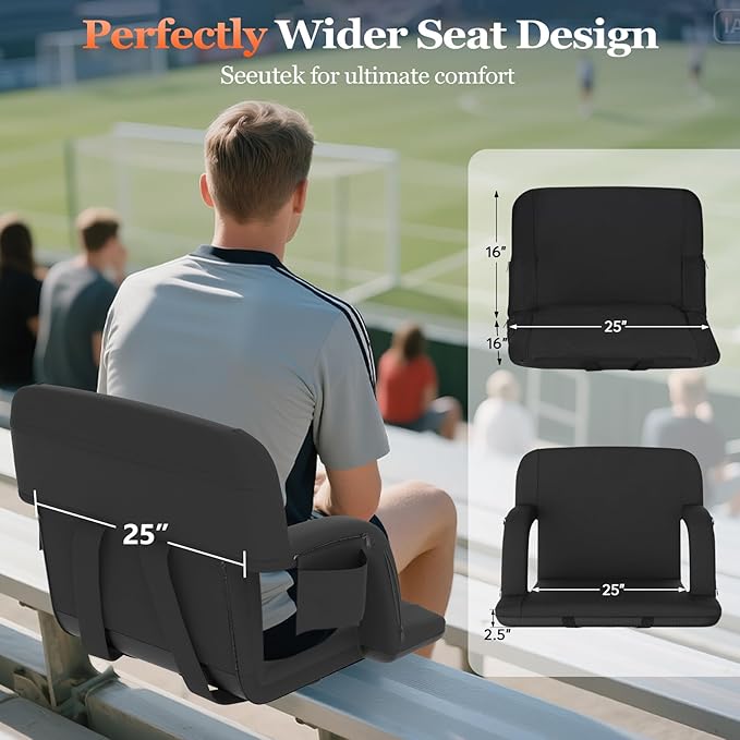 Seeutek Heated Stadium Seats for Bleachers, Portable Stadium Seats with Back Support, USB 3 Levels Bleacher Chairs with Back and Cushion, 5 Pockets Poldable Stadium Chairs for Sports Games, 25in 1PC