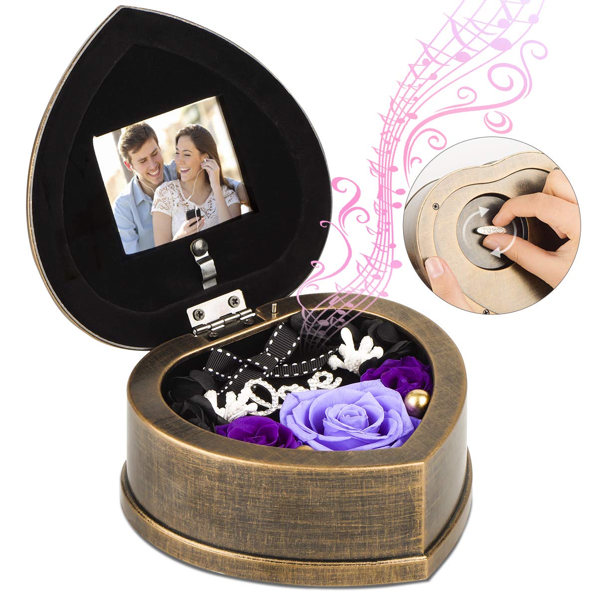 Neaticoo Handmade Preserved Flower Real Purple Rose in Musical Box with Photo Frame, Mother's Day Long Lasting Real Flower Gifts for Her Women Wife on Valentine's Day Birthday or Anniversary -Purple