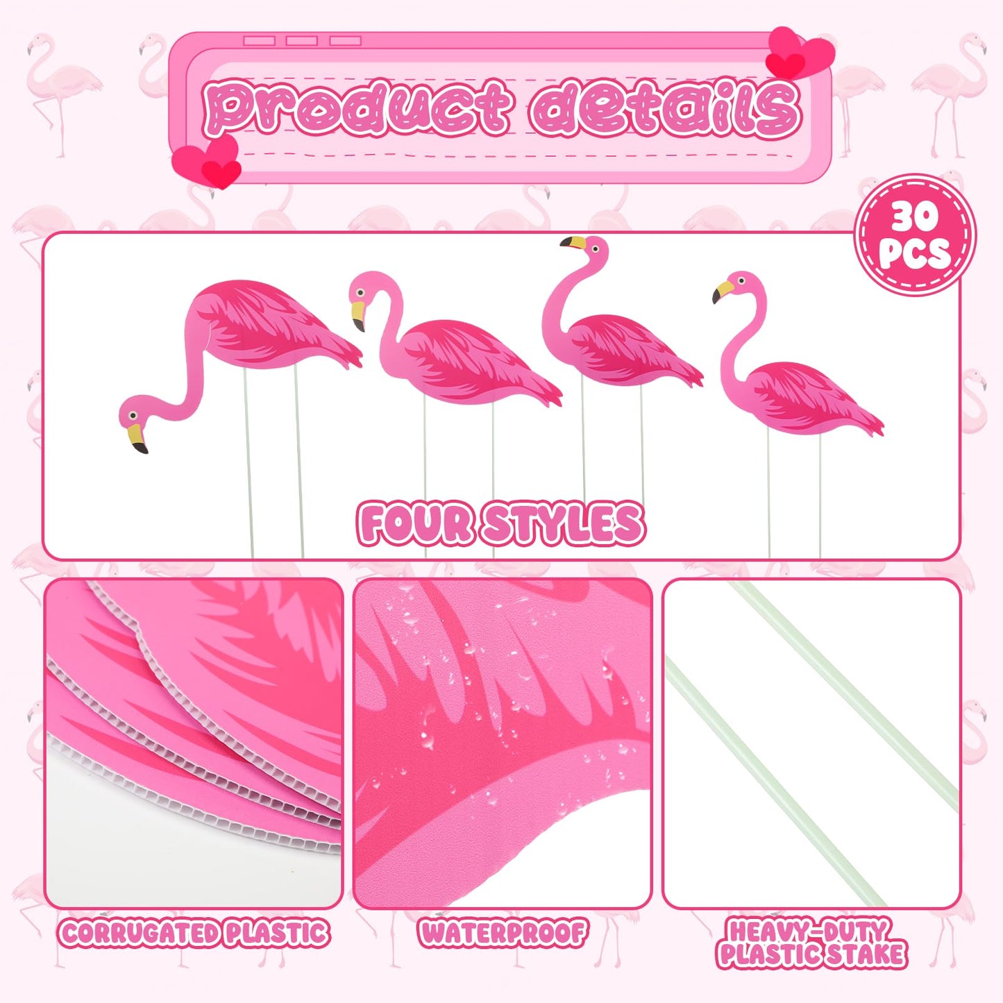 Yuntau 30 Pcs Summer Beach Pink Flamingo Yard Signs with 60 Stakes 4 Styles Flamingo Lawn Signs for Indoor Outdoor Home Decorations Tropical Yard Lawn Patio Accessories Party Supplies