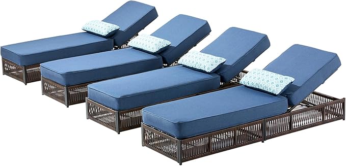 ACTREST Luxury Outdoor Chaise Lounges with 5 Inch Thickened Cushions - Set of 4 High Back Brown Wicker Patio Recliners Rattan Reclining Chairs Porch Poolside Pool Sunbathing Lounger - Navy Blue