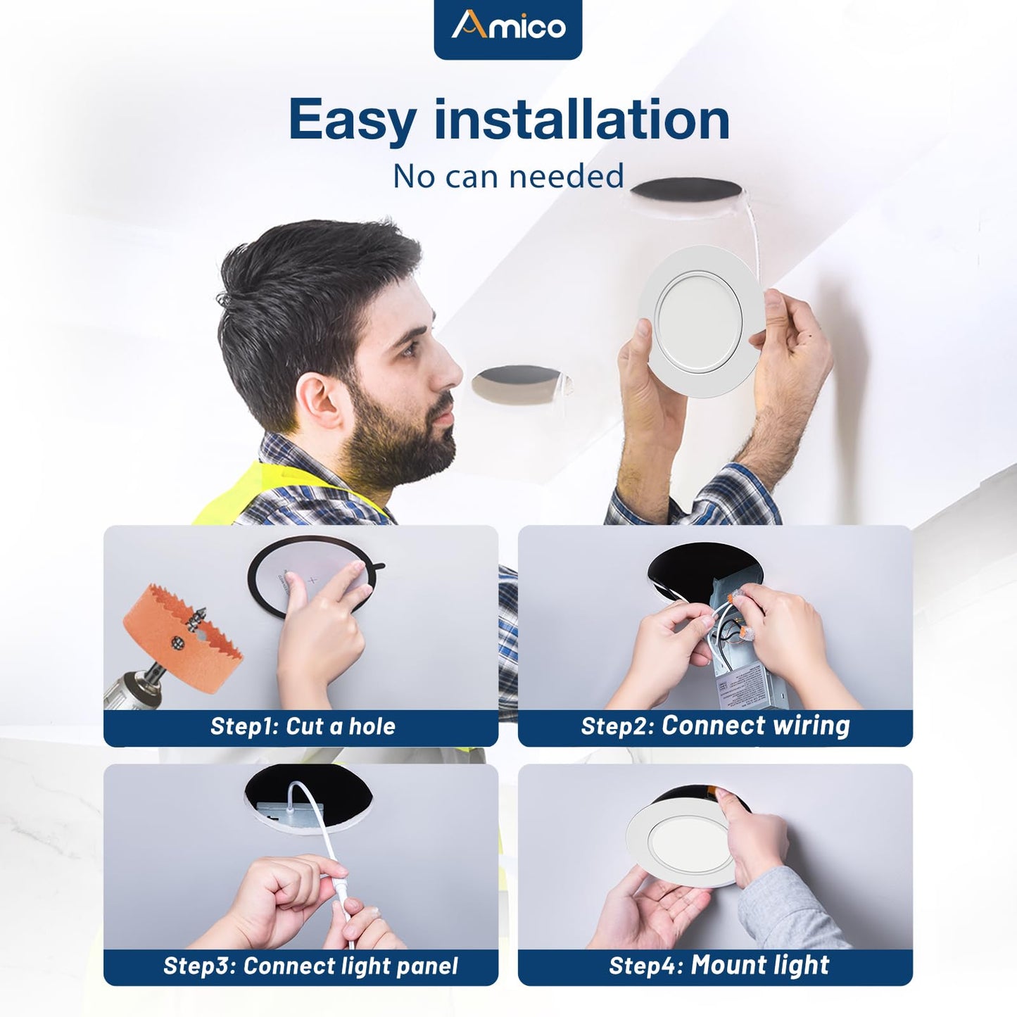 Amico 4 Pack 6 Inch 5CCT Gimbal LED Recessed Lighting, 360°&90° Adjustable Eyeball Directional Downlight, Dimmable, 2700K/3000K/3500K/4000K/5000K Selectable, CRI90+ 12W 1200LM, ETL&FCC