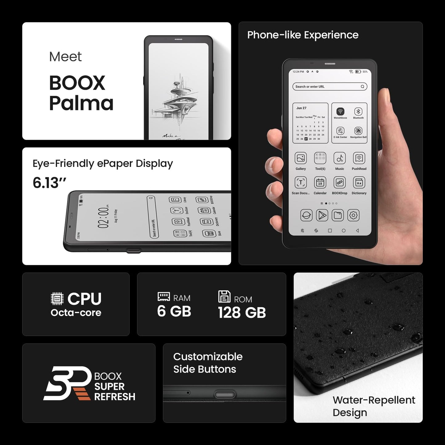 Boox Palma Ebook Reader Mobile Epaper 6G 128G G-Sensor Front Light 16Mp Rear Camera (Black)