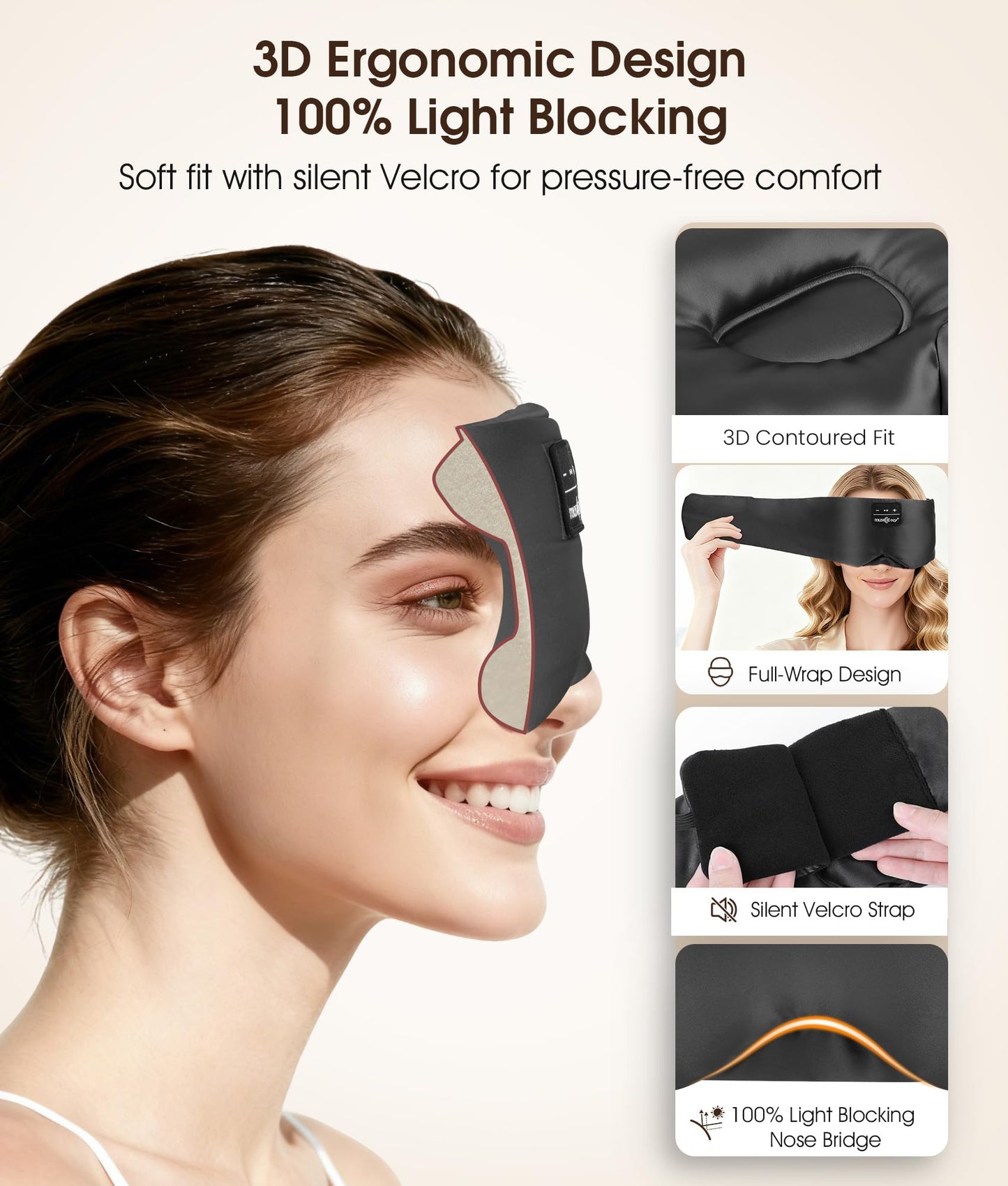 MUSICOZY 3D Silk Bluetooth Sleep Mask Headphones, Mulberry Silk Eye Mask with Ultra-Thin Wireless Speakers, Bluetooth 5.4 Sleeping Headphones for Side Sleepers, Music Sleep Mask Gifts for Men Women