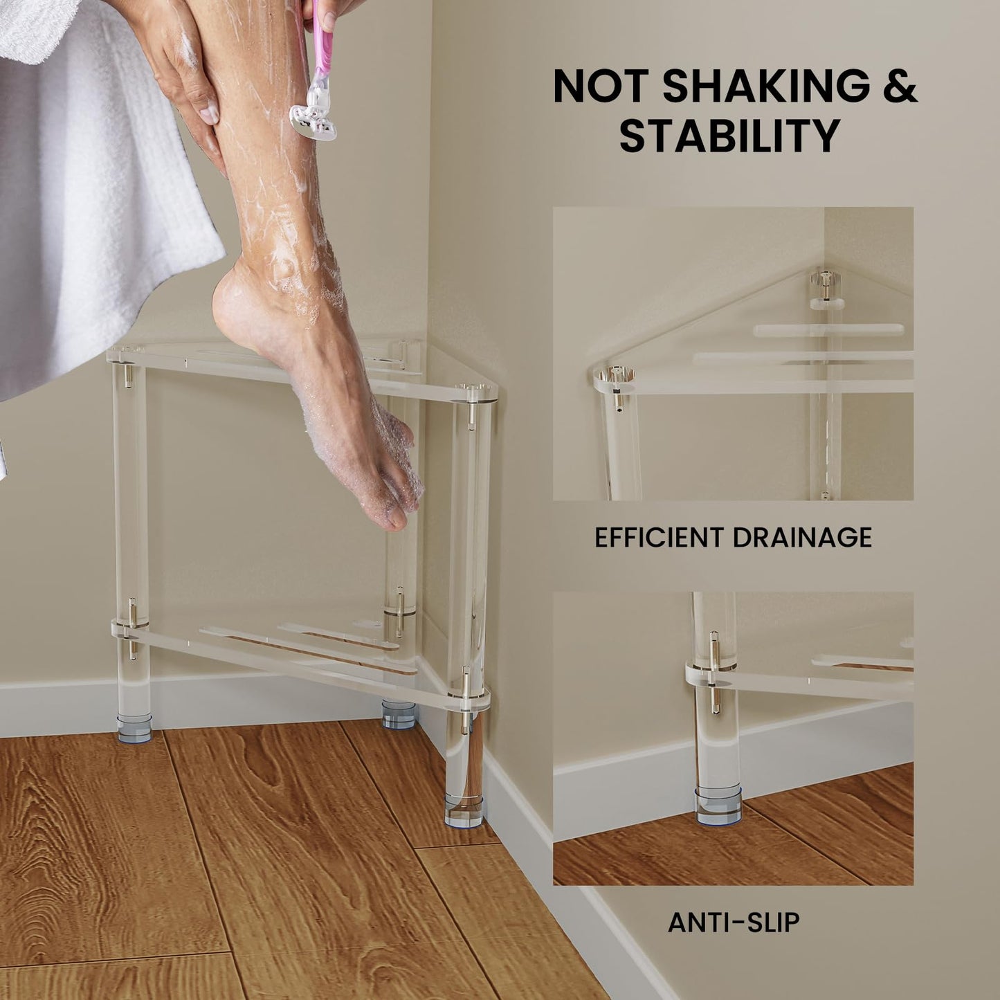GOIOOIA Acrylic Corner Shower Stool for Shaving Legs 11.42" D X 11.42" W X 14.37" H, Triangle Shower Foot Rest with Storage Shelf, Heavy Duty, for Inside Shower,