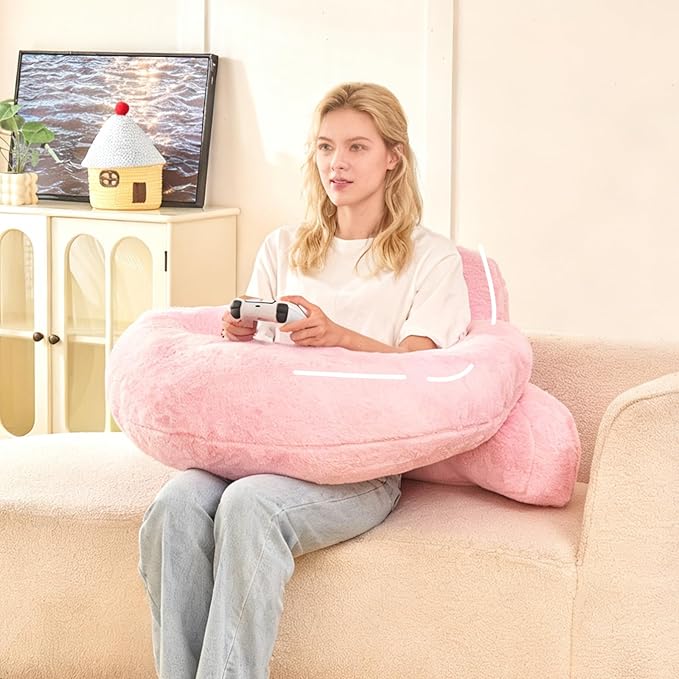 PAJEO Reading Pillow for Bed,U Shaped & Back Support Pillow for Bed,19" Backrest with Lumbar & Arm Support,Luxurious Faux Rabbit Fur,Gaming PillowFor Crochet/Reading/Watching TV,Pink