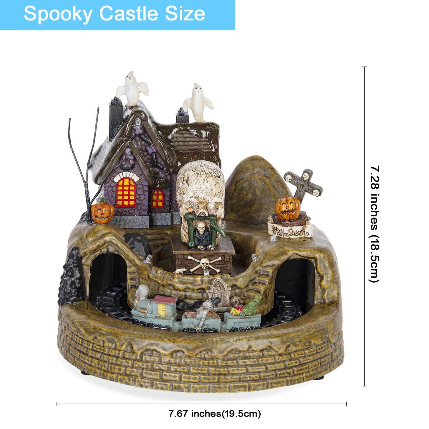 innodept12 Animated Halloween Train Village Set with Ghosts, Skeletons, Spooky House, LED Lights, 7.67 Inches, Multicolor