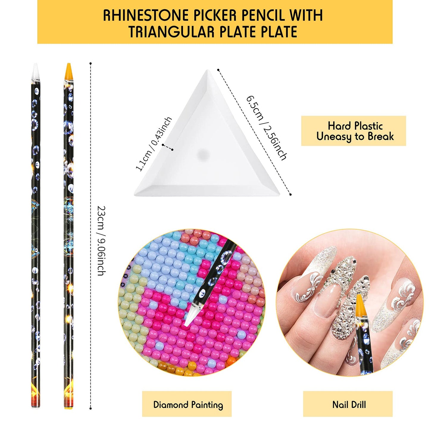 20 Pcs Rhinestone Picker Pen Set, 16 Yellow and White Self Adhesive Nail Dotting Wax Pen with 4 Triangular Bead Separator, Cryst