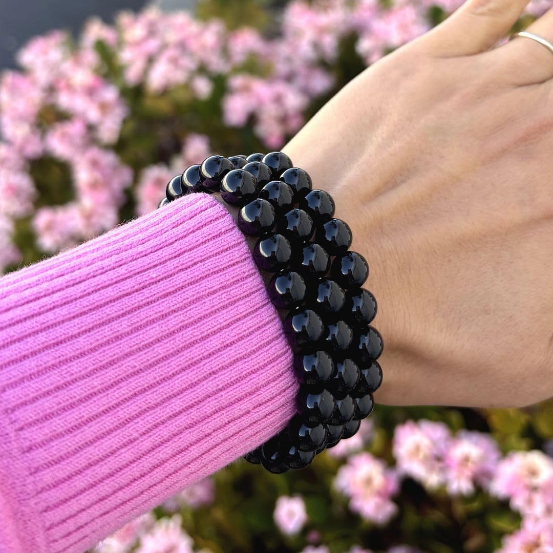 Adabele Real Natural Black Agate Gemstone Beaded Bracelet 8 inch Stretch Chakra Healing Crystal Stone Jewelry Women Mom Gift (Un