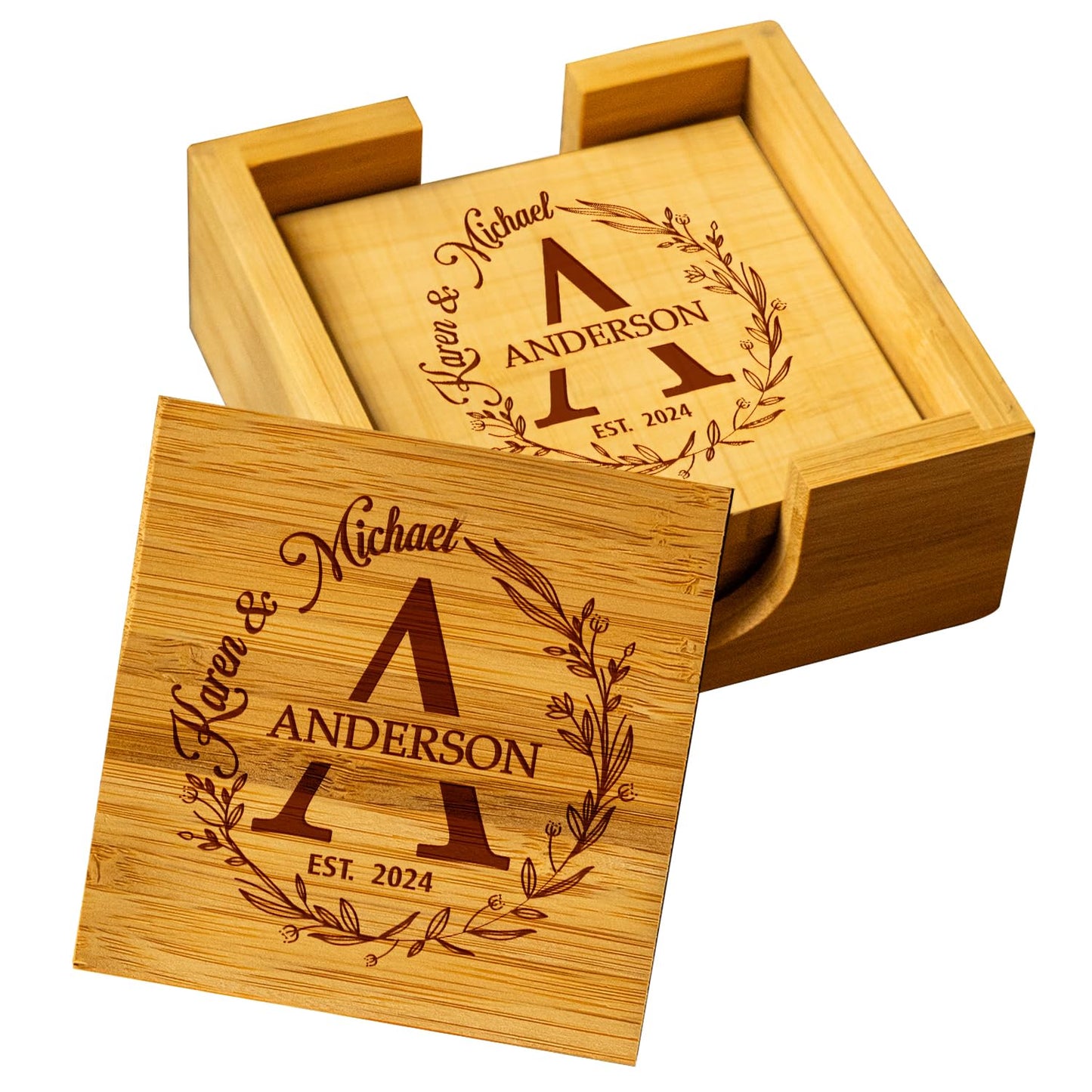 Silveroy Custom Coaster Set of 6 with Holder - Personalized Bamboo Bar Coasters for Anniversary, Wedding, Ideas to Couples, Newlyweds