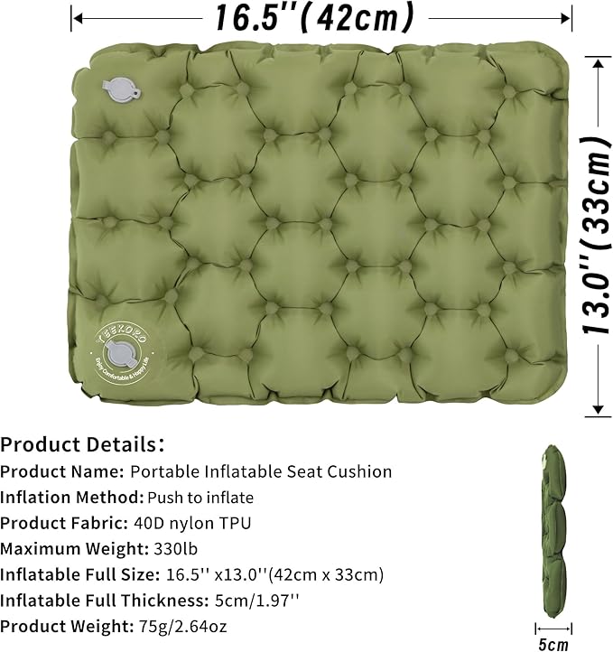 YEEKORO Inflatable Seat Cushion, Lightweight Camping Air Sitting Pad with Repair Cloths, Waterproof Air Seat Cushion, Portable Push-Press Seat Cushion for Airplane Travel Hiking Office Stadium Seat