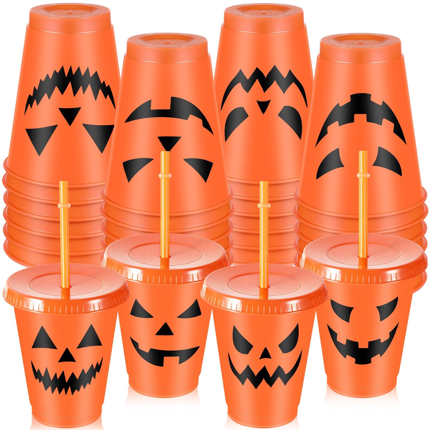 Suttmin 16 Pcs Halloween Party Cups 16 oz Plastic Cups with Lids and Straws Pumpkin Face Reusable Tumbler for Halloween Party Favors Supplies Coffee Tea Cold Drinks