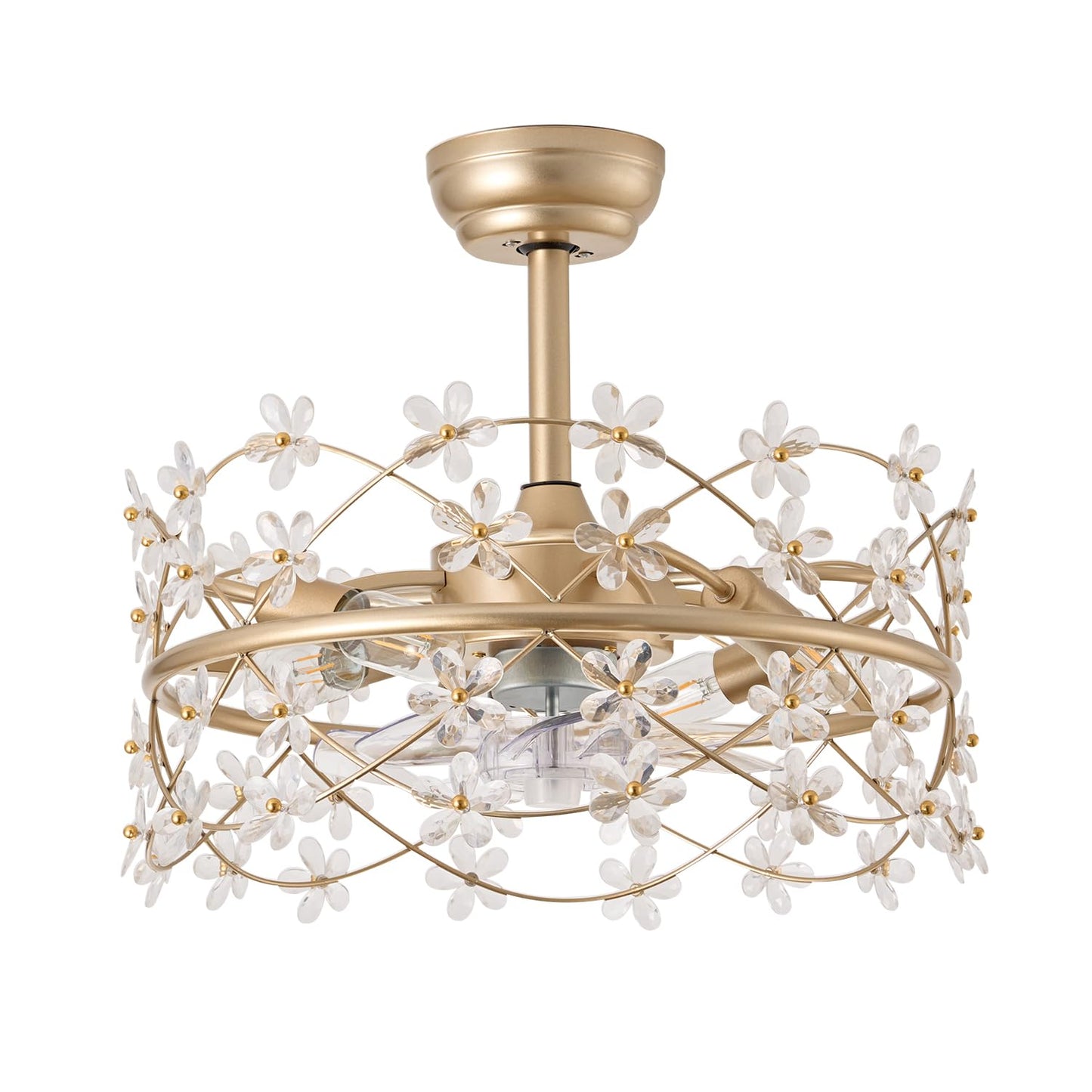 youngrender 20 Inch Gold Caged Ceiling Fan with Light, Flower Chandelier Ceiling Fan with Lights Remote Control, Frower Crystal Fandelier 6 Speeds for Girl's Bedroom, Living Room