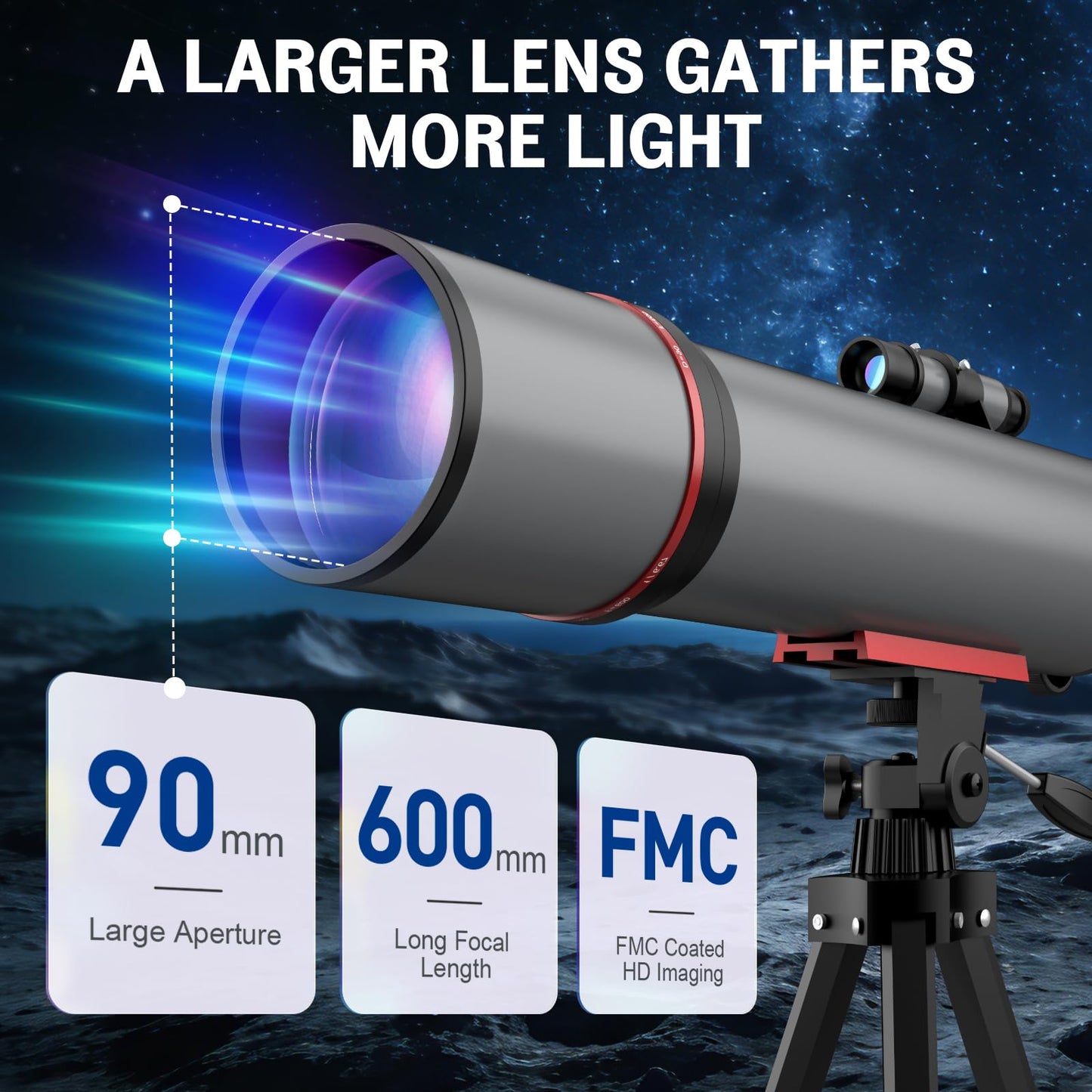 WOZEL Telescope for Adults & Kids - 90mm Aperture 600mm Refractor Portable Beginners Telescope High Powered, Magnification 180X, for Astronomy Planet Observation with Phone Adapter Tripod & Carry Bag