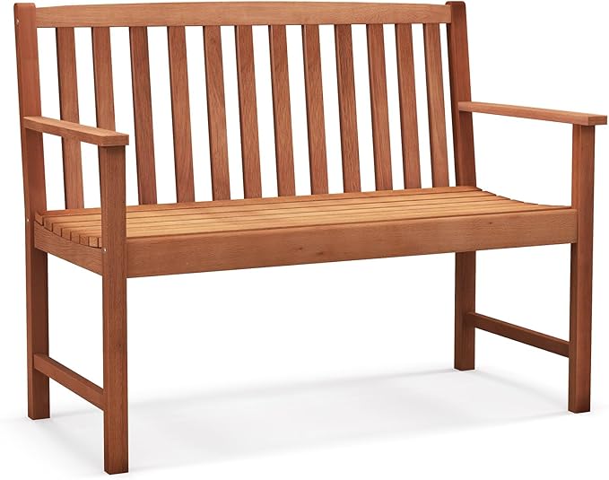 Giantex Outdoor Bench, Wood Patio Bench with Cozy Armrests & Backrest, Slatted Sitting Area, Eucalyptus Wood Frame, 2-Person Loveseat for Park, Porch, Yard, 800 lbs Max Load, Garden Bench (Eucalyptus)