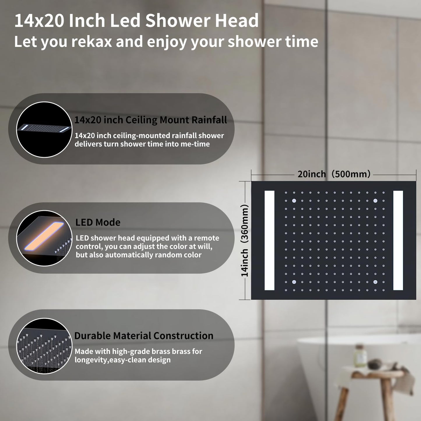 HONGTONGSOWER Bathroom Shower System Ceiling 14x20 Inch Shower Head, Spray With Handle, 6 PCS Body Jet And Handheld, Temperature Display Shower Faucet Set (Matte Black)